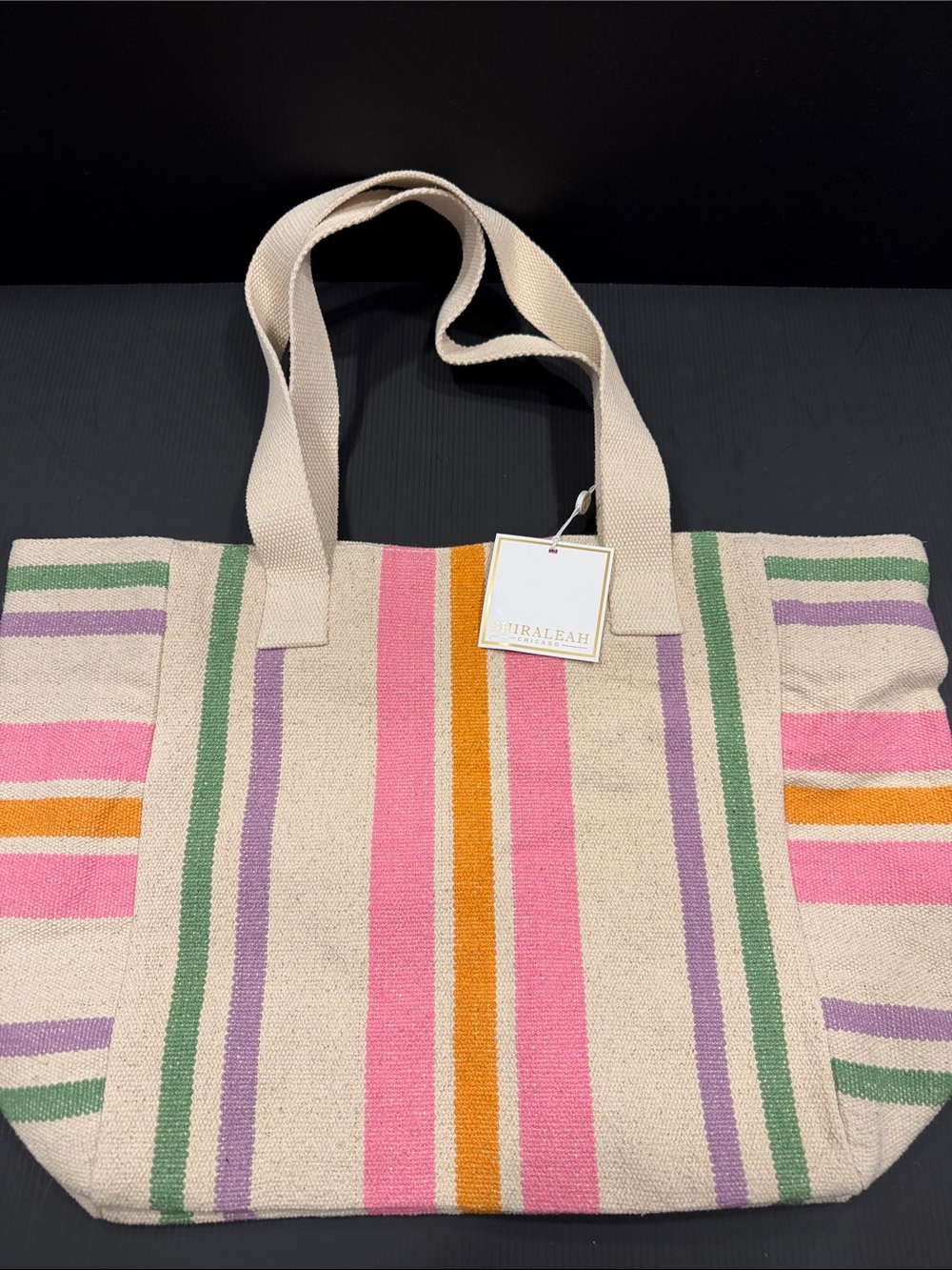 Shiraleah Cream Canvas Tote with Pink, Orange, Green & Purple Stripes